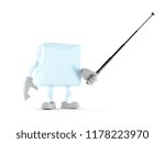 Ice cube character with pointer stick isolated on white background. 3d illustration