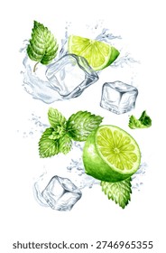 Ice cubes with lime, mint leaves and splash of crystal water. Hand drawn watercolor illustration isolated on white background