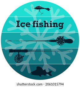 Ice Fishing Symbol. Fishing Rods, Fish And Bait Silhouette