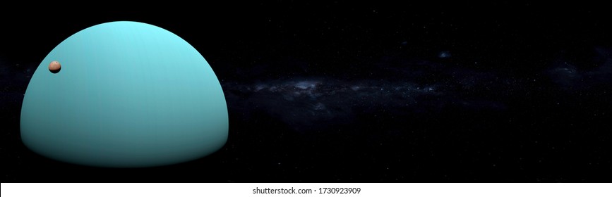 Ice Giant Uranus In Space With Moons Concept Panoramict 3D Rendering