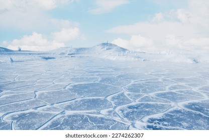 Ice ground with crack pattern, 3d rendering. Computer digital drawing.