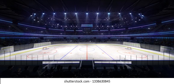Ice hockey arena interior angle view illuminated by spotlights. Hockey and skating stadium indoor 3D render illustration background. 