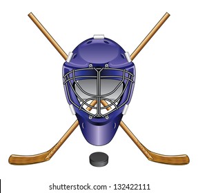 Ice Hockey Goalie Mask Sticks and Puck is an illustration of an ice hockey goalie mask, sticks and puck.