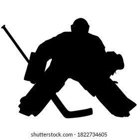 Ice Hockey Player Goaltender, Goalie In Full Goalkeeper Equipment Playing Ice Hockey. Isolated Silhouette