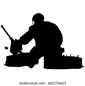 Ice Hockey Player Goaltender, Goalie In Full Goalkeeper Equipment Playing Ice Hockey. Isolated Silhouette