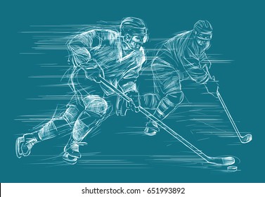 Ice hockey players at rink. Sports illustration, poster