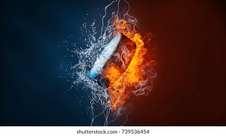 Ice Hockey Puck Exploding By Elements Fire And Water. Background For Sports Tournament Poster Or Placard. Vertical Design With Copy Space.