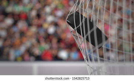 Ice Hockey Puck Hits Goal Net. 3D Rendering