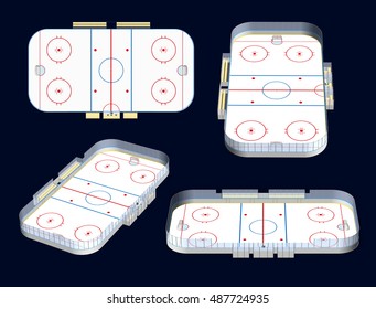 Ice Hockey Rink Detailed 3D Illustration Four Views, Isolated On Dark Background