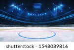 Ice hockey rink and illuminated indoor arena with fans, middle circle view, professional ice hockey sport 3D render