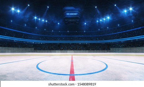 Хоккейный каток и освещенная крытая арена с болельщиками, вид лицом за кругом, профессиональный хоккейный спортивный 3D-рендер