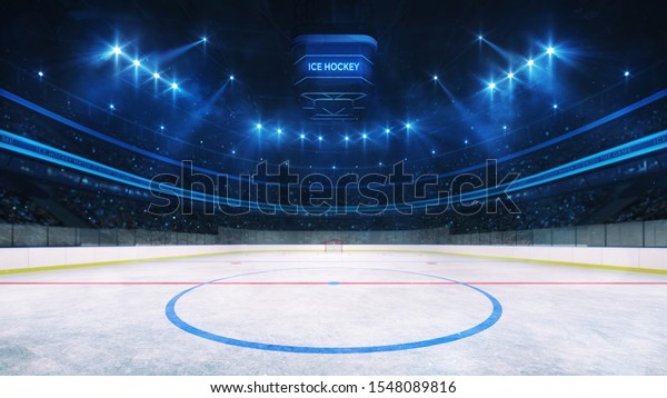 Ice hockey\
rink and illuminated indoor arena with fans, middle circle view,\
professional ice hockey sport 3D\
render