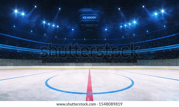 Ice hockey\
rink and illuminated indoor arena with fans, face off circle view,\
professional ice hockey sport 3D\
render