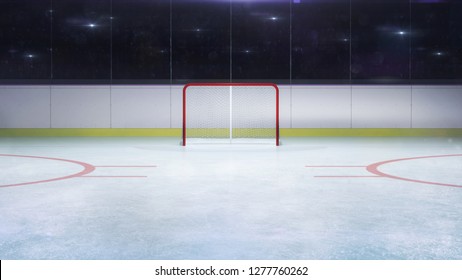 ice hockey stadium goal front general view and camera flashes behind, hockey and skating stadium indoor 3D render illustration background