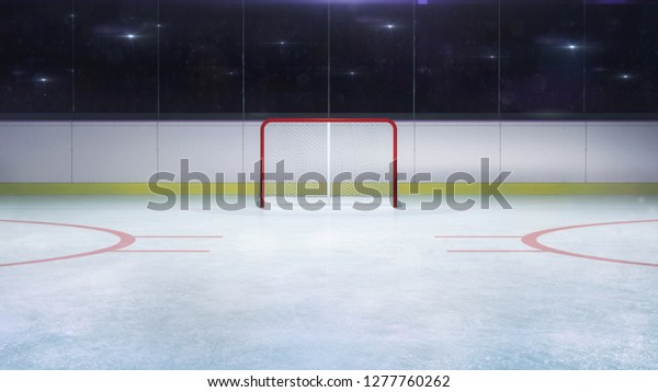 ice hockey stadium goal front general view and\
camera flashes behind, hockey and skating stadium indoor 3D render\
illustration\
background