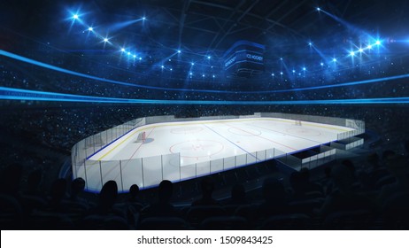 Ice Hockey Stadium With Spotlights And Crowd Of Fans, Professional Hockey Sport 3D Render Illustration Background