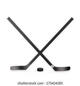 Ice Hockey Sticks And Puck, 3d