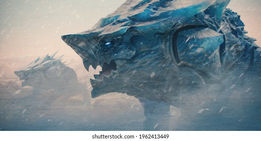 Ice Hound On The Hunt In A Snow Environment. Made Of Magic Crystal, These Creature Are More Dangerous Than Wild Dogs And Wolfs In The Cold Of The Wild.