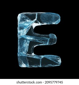 Ice letter E on black background isolated frozen cracked ice on a clean black black 3D render
