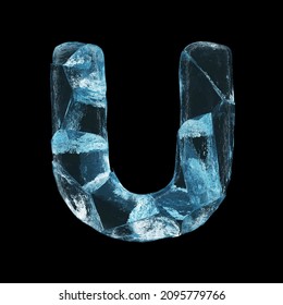 Ice Letter U On Black Background Isolated Frozen Cracked Ice On A Clean Black Black 3D Render