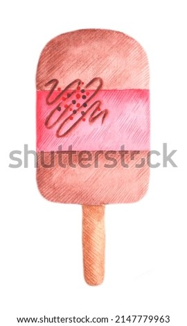 Ice lolly. Watercolor illustration. Chocolate ice cream. Berry ice cream. Delicious dessert. Summer menu. Illustration isolated. For printing on stickers, postcards, tags, notepads, planners