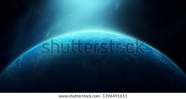 ice planet in space,\
frozen planet surface, sci fi ice age concept illustration (no NASA\
images used)