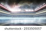 Ice rink background. Neon lights. Dark beautiful empty winter background and empty ice rink with lights. Spotlights shines on the rink. Sport concept. 3D rendering