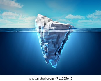 Iceberg floating in the ocean, both the tip and the submerged parts are visible. 3D illustration.