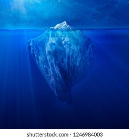 Iceberg floating in the ocean at night with visible underwater part. Global warming, hidden danger, risk management, planning strategy concept. 3D illustration