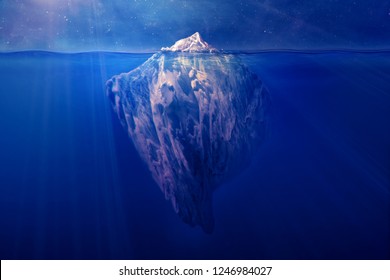 Iceberg Floating In The Ocean At Night With Visible Underwater Part. Global Warming, Hidden Danger, Risk Management, Planning Strategy Concept. 3D Illustration