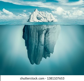 Iceberg In Ocean. Hidden Threat Or Danger Concept. Central Composition. Toned Green 3d Illustration.