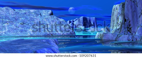 Icebergs in cold water\
by night with\
moon
