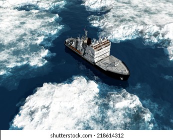 Icebreaker Ship On The Ice In The Sea.