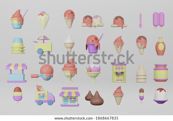 icecream sweet icon set in 3d rendering\
illustration. Dessert \
icons