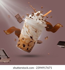 Iced caramel latte topped with whipped cream and caramel. Chocolate mocha coffee plastic cup with chocolate splash, Floating chocolate pieces and coffee beans white background. Cold brewed coffee ad. - Powered by Shutterstock