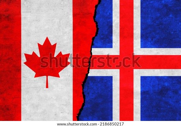 Iceland and\
Canada painted flags on a wall with a crack. Iceland and Canada\
relations. Canada and Iceland flags\
together
