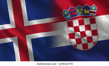 Iceland And Croatia - 3D Illustration Two Flag Together - Fabric Texture