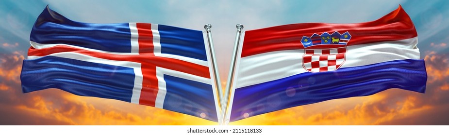 Iceland Flag And Croatia Flag Waving With Texture Sky Clouds And Sunset Double Flag - 3D Illustration - 3D Render 