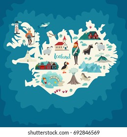 Iceland Map Landmarks Handdrawn Vector Illustration Stock Illustration ...