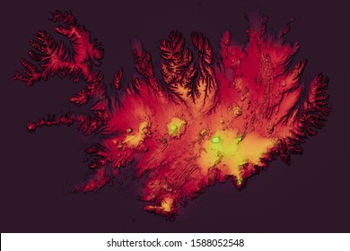 Iceland Shaded Relief Map. Elevation Map . Red Colors.