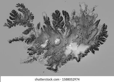 Iceland Shaded Relief Map. Elevation Map . Black And White Version.