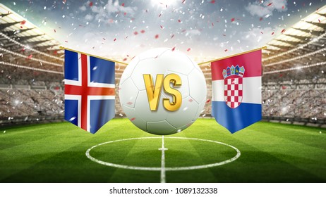 Iceland Vs Croatia.
Soccer Concept. White Soccer Ball With The Flag In The Stadium, 2018. 3d Render