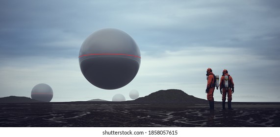 Icelandic Landscape with Alien Spheres and Men in a Hazmat Suit Bright Overcast Day 3d illustration 