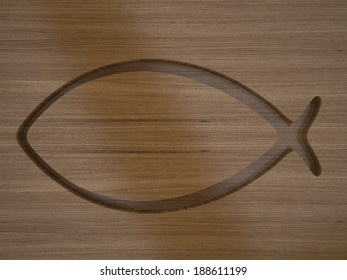 Ichthys. Christian Symbol Cut Out On Wood.