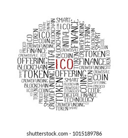 ICO Initial coin offering concept in tag circle cloud. Startup crowdfunding, blockchain technology texture. ICO concept words pattern on white background. 