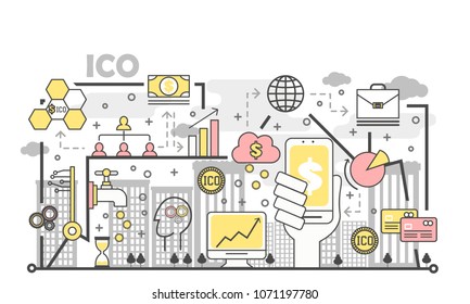 ICO or initial coin offering concept illustration. Thin line flat style design element for web banners and printed materials.