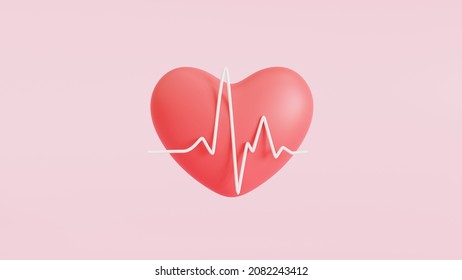 Icon 3D Heart. And Heartbeat Wave. 3d Illustration