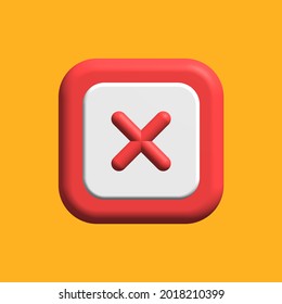 Icon 3D Red Colored Close Button Isolated On Yellow Background. Concept Of Website, User Interface, UI Design. 3d Rendering. 