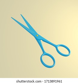 Icon of the colorful scissors on the yellow background. 3d render.