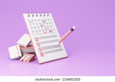 Icon composition with calendar with scheduled dates and appointments, clock, to-do list with tasks, reminders and messages. paper with pencil and book. on purple background realistic 3d render - Powered by Shutterstock